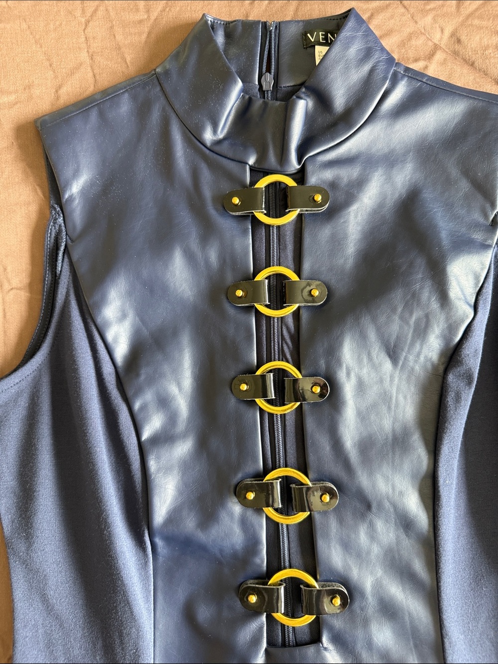 VENUS Navy Faux-Leather Sleeveless Top with Gold Buckle Details - Picture 2 of 5